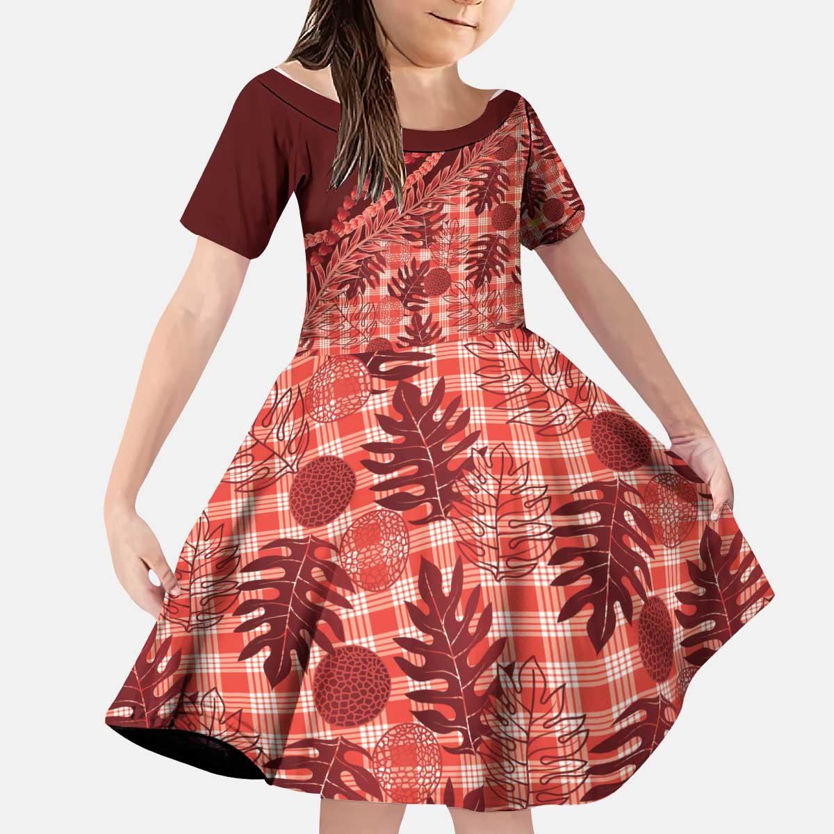 Hawaii Breadfruit Palaka Kid Short Sleeve Dress Ulaula Maile Lei - Polynesian Pride