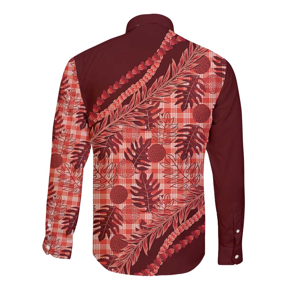 Hawaii Breadfruit Palaka Long Sleeve Button Shirt Ulaula Maile Lei - Polynesian Pride