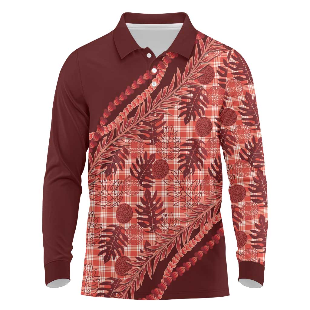 Hawaii Breadfruit Palaka Long Sleeve Polo Shirt Ulaula Maile Lei - Polynesian Pride