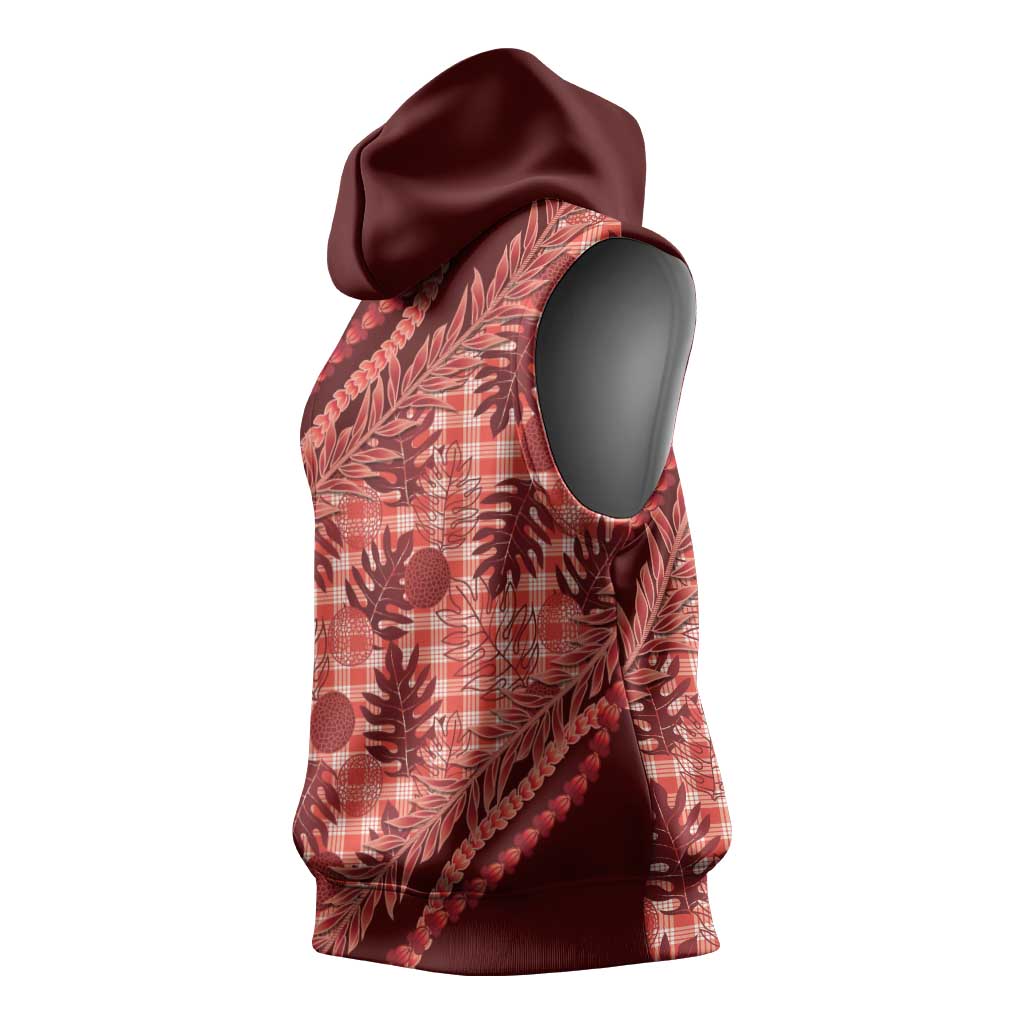Hawaii Breadfruit Palaka Sleeveless Hoodie Ulaula Maile Lei - Polynesian Pride