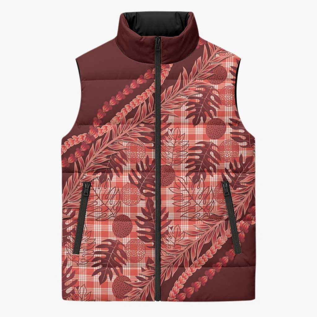 Hawaii Breadfruit Palaka Sleeveless Puffer Jacket Ulaula Maile Lei - Polynesian Pride