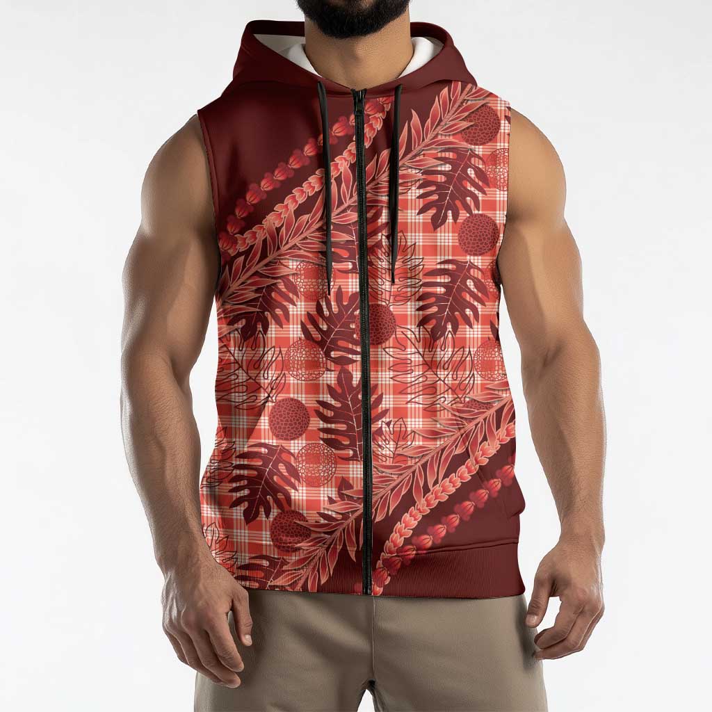 Hawaii Breadfruit Palaka Sleeveless Zip Hoodie Ulaula Maile Lei - Polynesian Pride