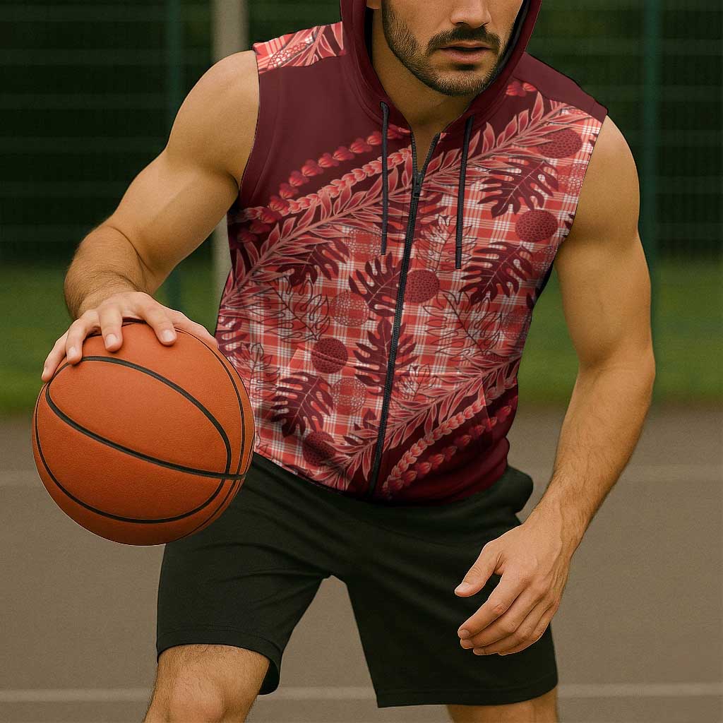 Hawaii Breadfruit Palaka Sleeveless Zip Hoodie Ulaula Maile Lei - Polynesian Pride