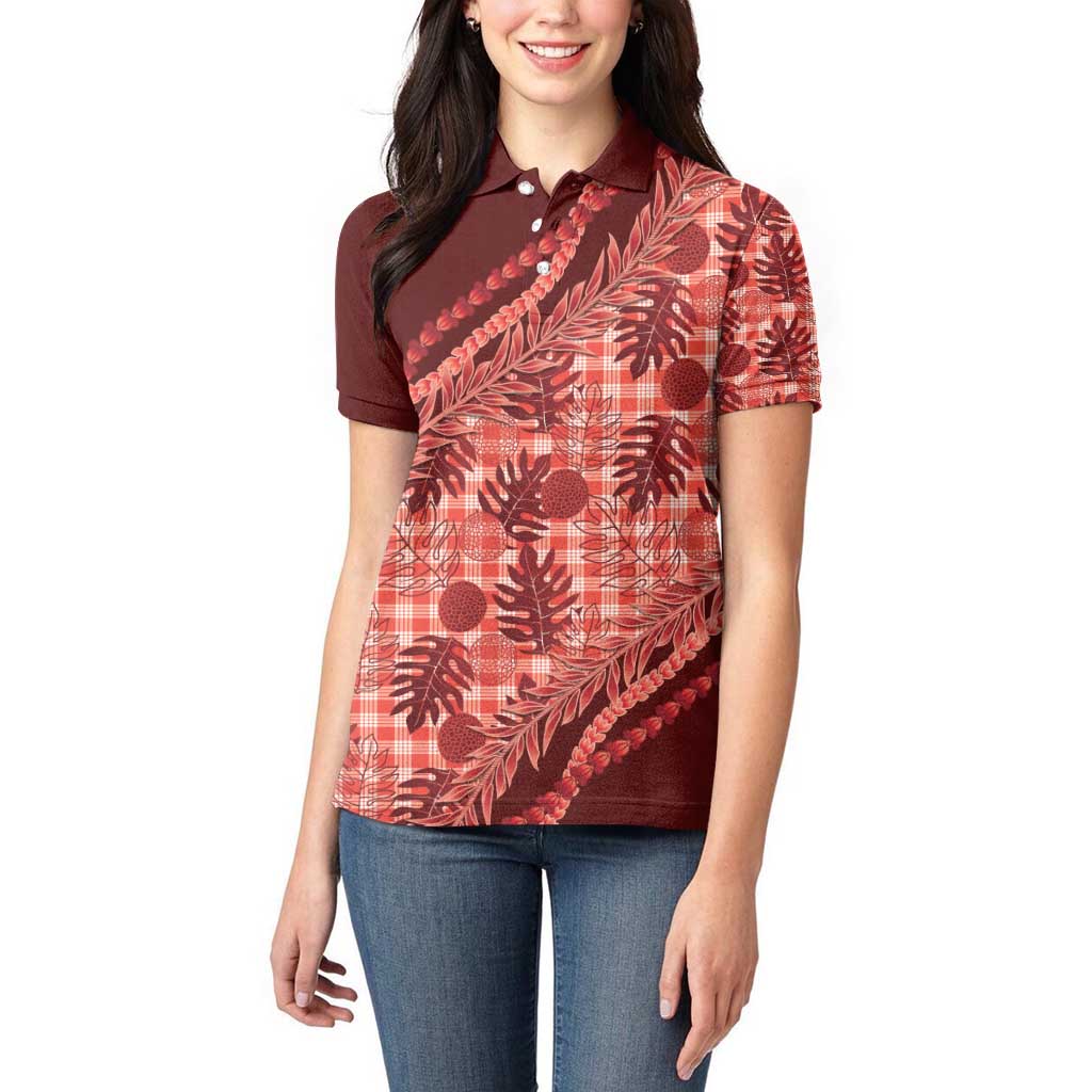 Hawaii Breadfruit Palaka Women Polo Shirt Ulaula Maile Lei - Polynesian Pride