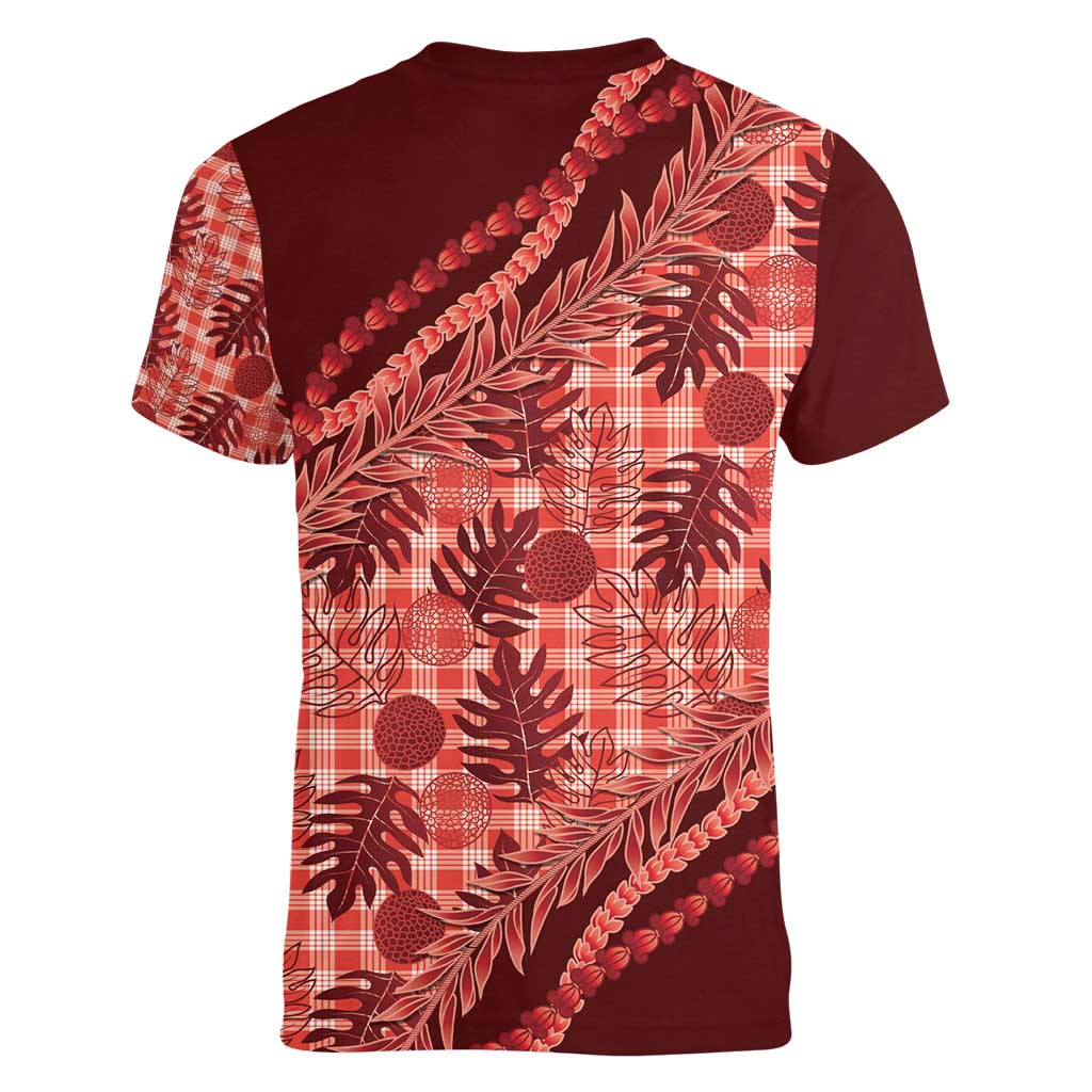 Hawaii Breadfruit Palaka Women V-Neck T-Shirt Ulaula Maile Lei - Polynesian Pride