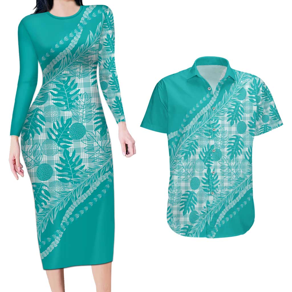 Hawaii Breadfruit Palaka Couples Matching Long Sleeve Bodycon Dress and Hawaiian Shirt Polu Opal Maile Lei - Polynesian Pride