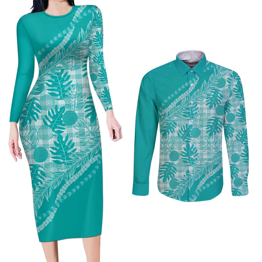 Hawaii Breadfruit Palaka Couples Matching Long Sleeve Bodycon Dress and Long Sleeve Button Shirt Polu Opal Maile Lei - Polynesian Pride