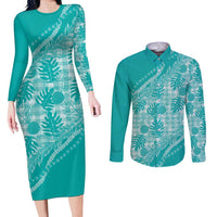 Hawaii Breadfruit Palaka Couples Matching Long Sleeve Bodycon Dress and Long Sleeve Button Shirt Polu Opal Maile Lei - Polynesian Pride