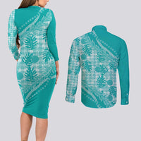 Hawaii Breadfruit Palaka Couples Matching Long Sleeve Bodycon Dress and Long Sleeve Button Shirt Polu Opal Maile Lei - Polynesian Pride