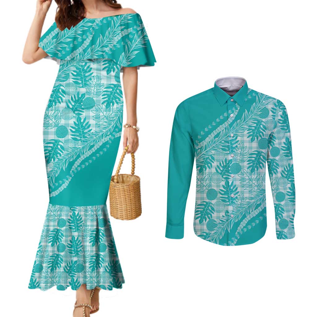 Hawaii Breadfruit Palaka Couples Matching Mermaid Dress and Long Sleeve Button Shirt Polu Opal Maile Lei - Polynesian Pride