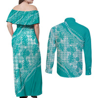Hawaii Breadfruit Palaka Couples Matching Off Shoulder Maxi Dress and Long Sleeve Button Shirt Polu Opal Maile Lei - Polynesian Pride