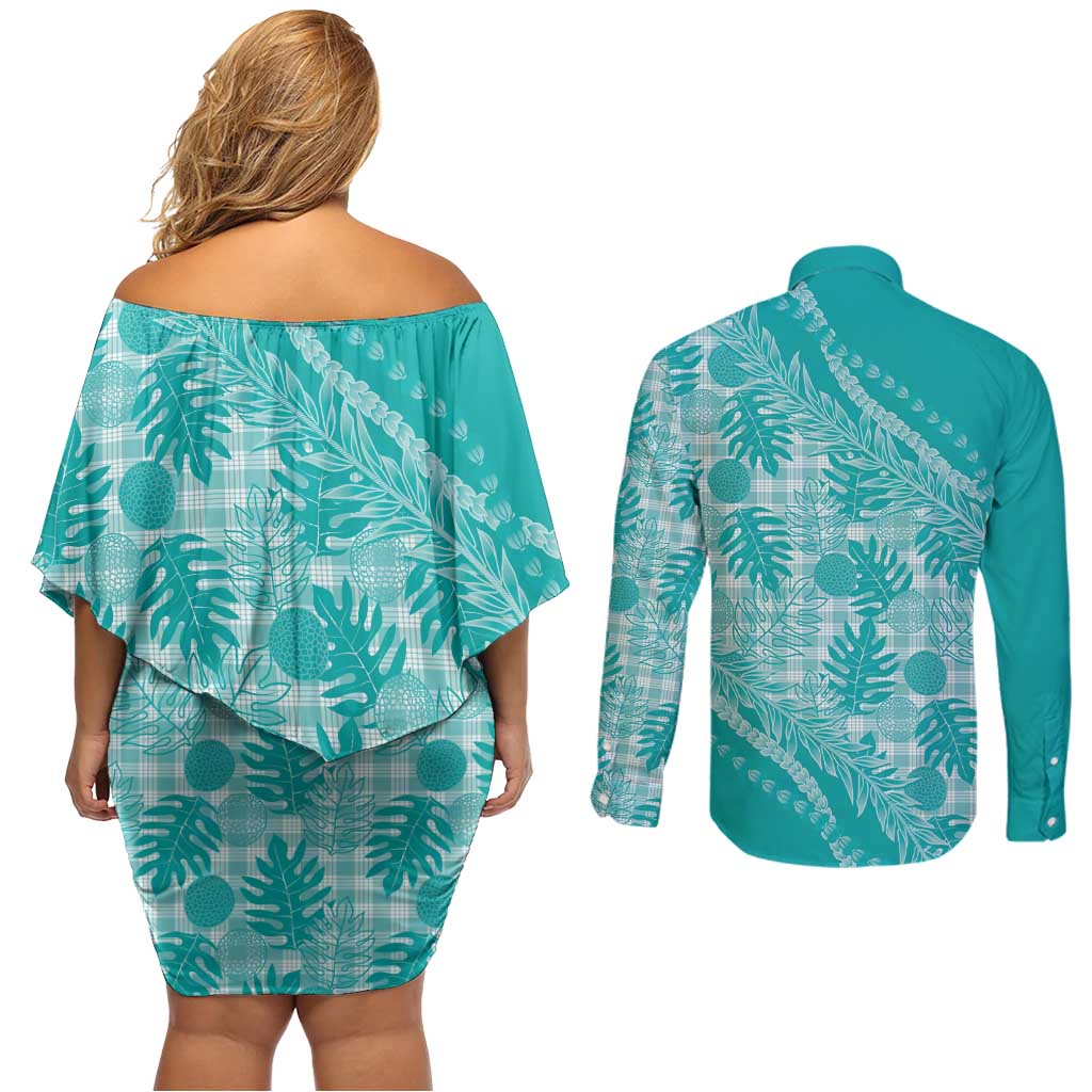 Hawaii Breadfruit Palaka Couples Matching Off Shoulder Short Dress and Long Sleeve Button Shirt Polu Opal Maile Lei - Polynesian Pride