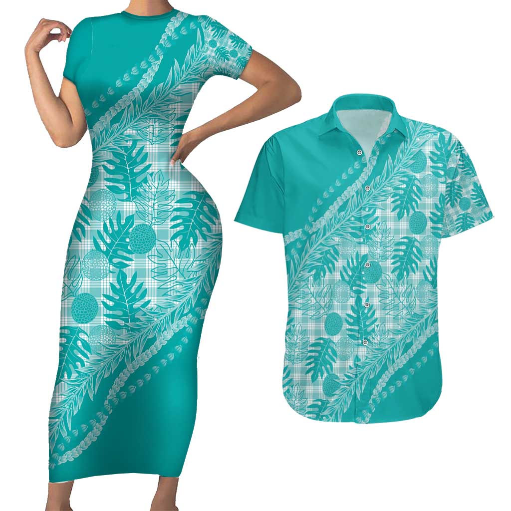 Hawaii Breadfruit Palaka Couples Matching Short Sleeve Bodycon Dress and Hawaiian Shirt Polu Opal Maile Lei - Polynesian Pride