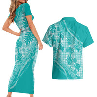 Hawaii Breadfruit Palaka Couples Matching Short Sleeve Bodycon Dress and Hawaiian Shirt Polu Opal Maile Lei - Polynesian Pride