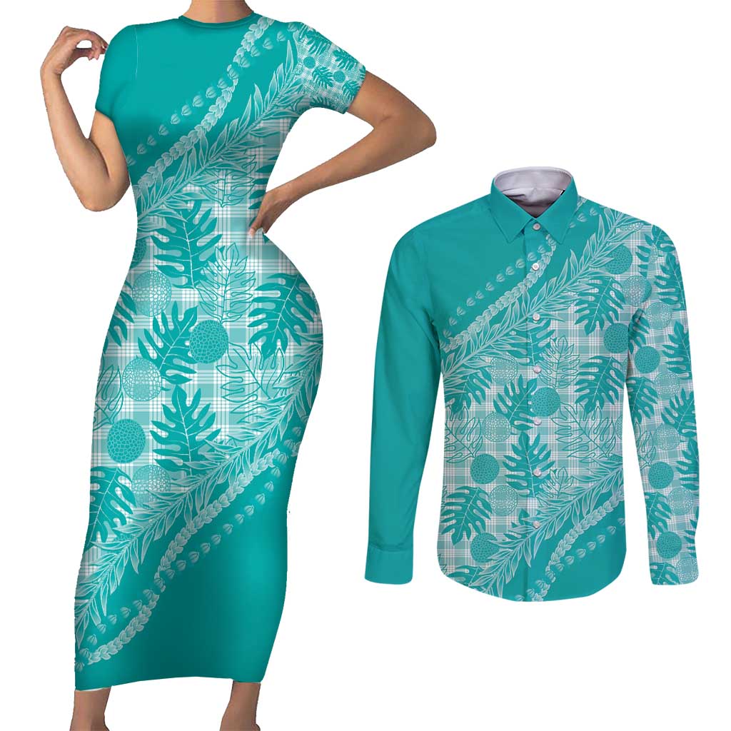 Hawaii Breadfruit Palaka Couples Matching Short Sleeve Bodycon Dress and Long Sleeve Button Shirt Polu Opal Maile Lei - Polynesian Pride