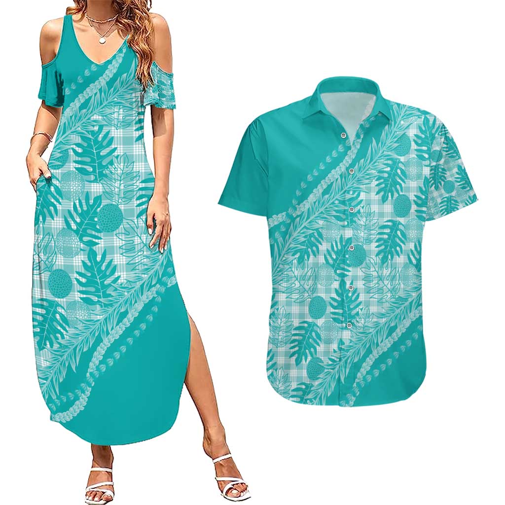 Hawaii Breadfruit Palaka Couples Matching Summer Maxi Dress and Hawaiian Shirt Polu Opal Maile Lei - Polynesian Pride