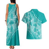 Hawaii Breadfruit Palaka Couples Matching Tank Maxi Dress and Hawaiian Shirt Polu Opal Maile Lei - Polynesian Pride