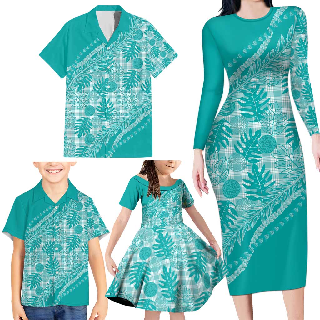 Hawaii Breadfruit Palaka Family Matching Long Sleeve Bodycon Dress and Hawaiian Shirt Polu Opal Maile Lei - Polynesian Pride