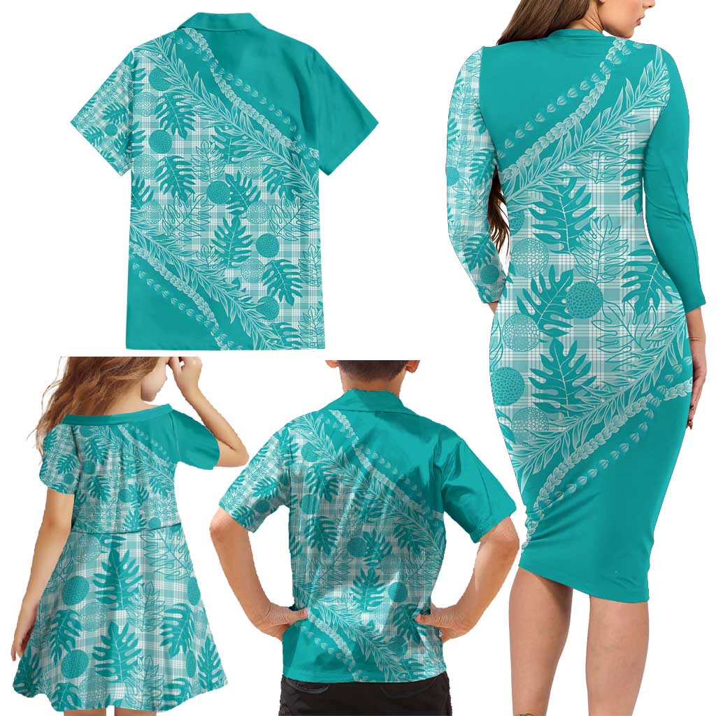 Hawaii Breadfruit Palaka Family Matching Long Sleeve Bodycon Dress and Hawaiian Shirt Polu Opal Maile Lei - Polynesian Pride