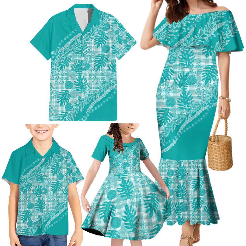Hawaii Breadfruit Palaka Family Matching Mermaid Dress and Hawaiian Shirt Polu Opal Maile Lei - Polynesian Pride