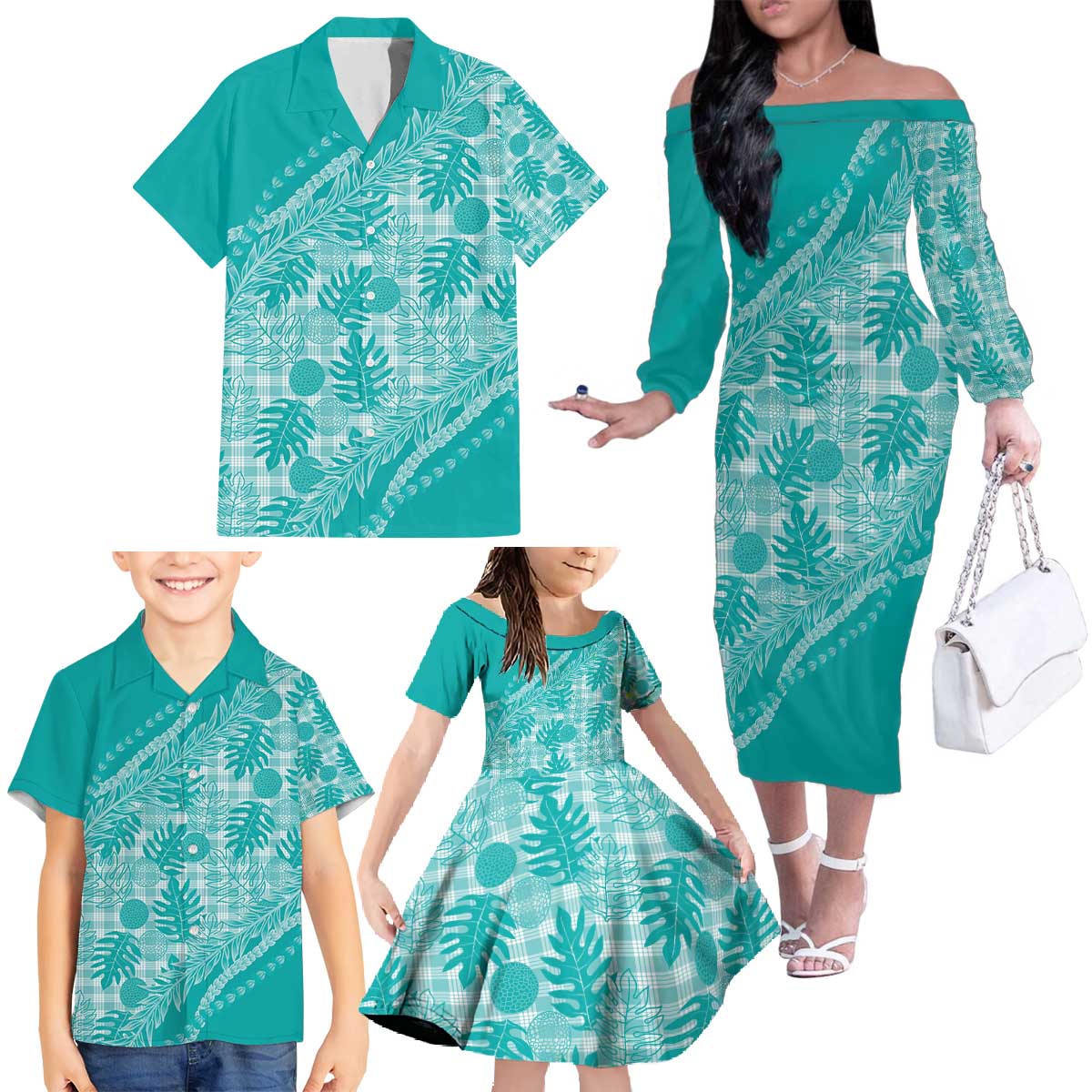 Hawaii Breadfruit Palaka Family Matching Off The Shoulder Long Sleeve Dress and Hawaiian Shirt Polu Opal Maile Lei - Polynesian Pride