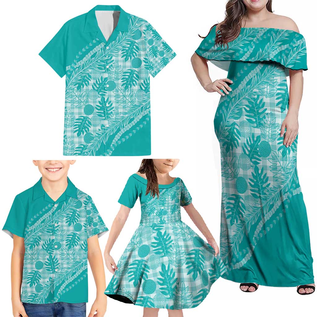 Hawaii Breadfruit Palaka Family Matching Off Shoulder Maxi Dress and Hawaiian Shirt Polu Opal Maile Lei - Polynesian Pride