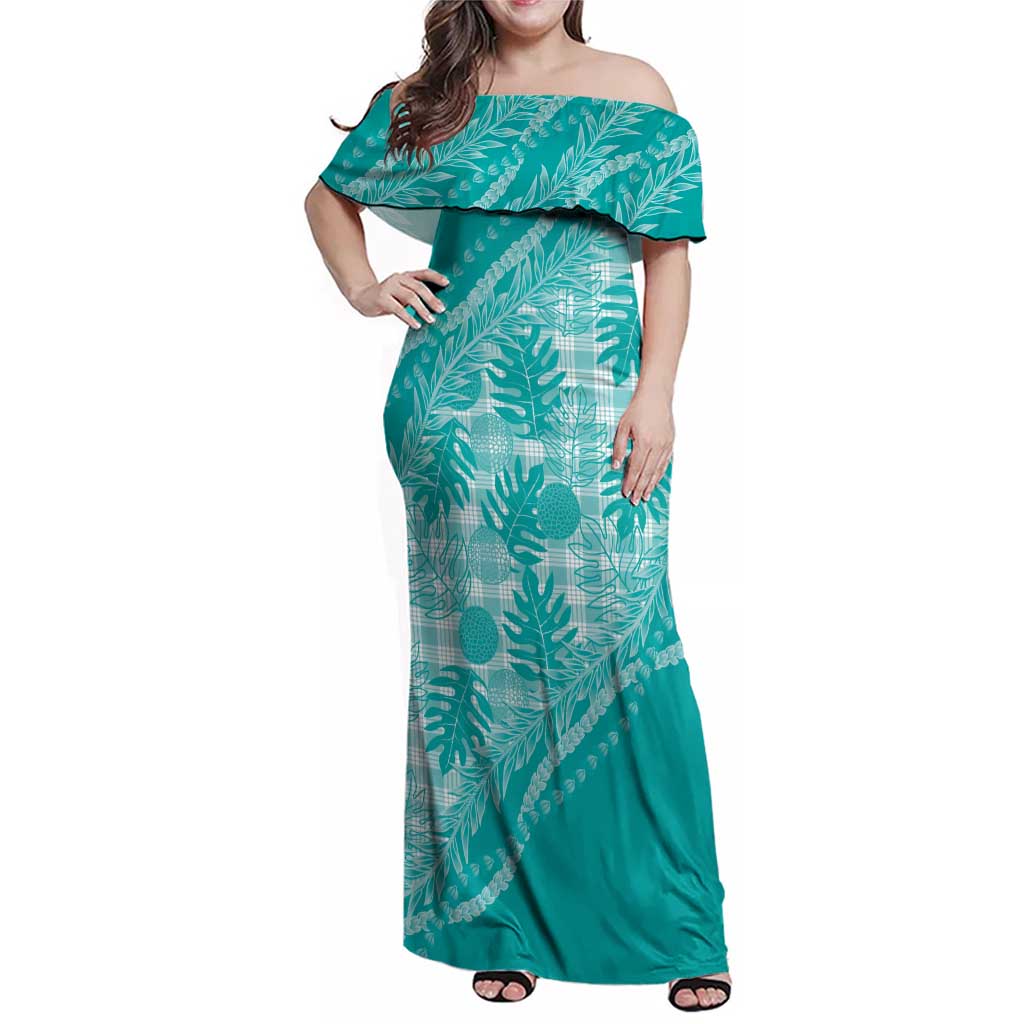 Hawaii Breadfruit Palaka Family Matching Off Shoulder Maxi Dress and Hawaiian Shirt Polu Opal Maile Lei - Polynesian Pride