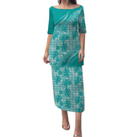 Hawaii Breadfruit Palaka Family Matching Puletasi and Hawaiian Shirt Polu Opal Maile Lei LT9 Mom's Dress Turquoise - Polynesian Pride