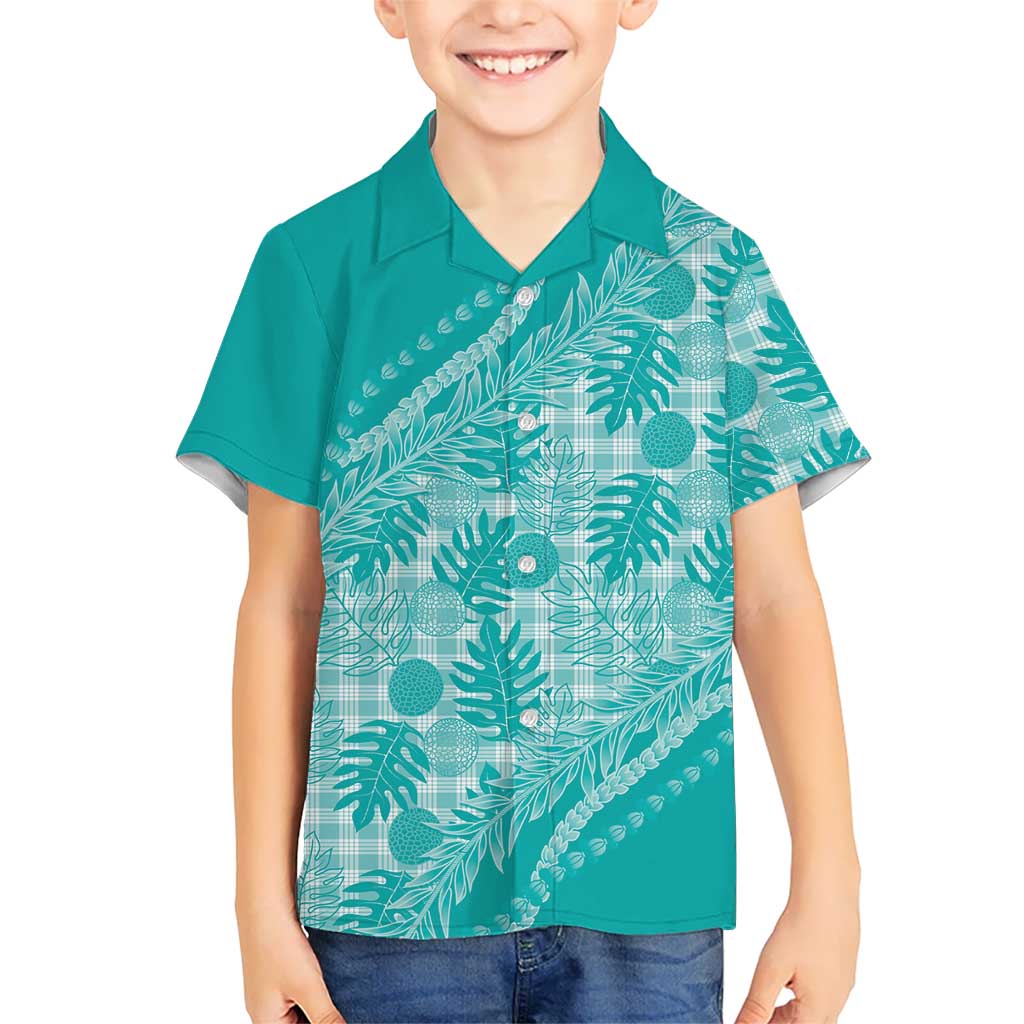 Hawaii Breadfruit Palaka Family Matching Puletasi and Hawaiian Shirt Polu Opal Maile Lei LT9 Son's Shirt Turquoise - Polynesian Pride