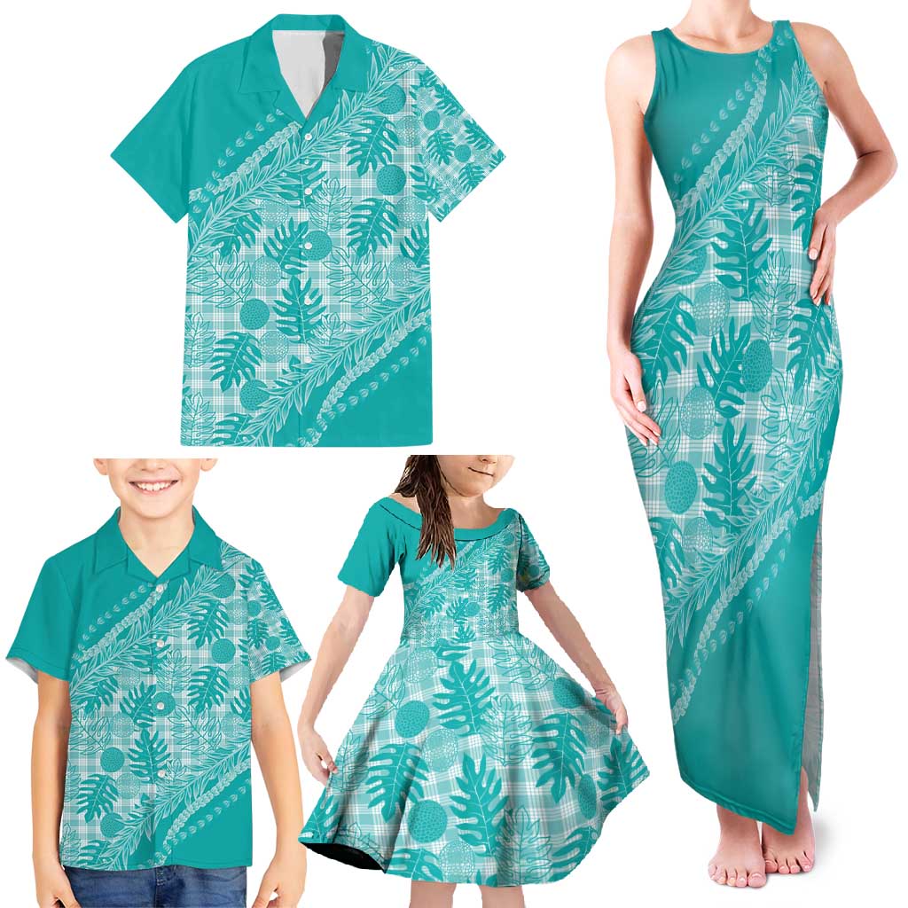 Hawaii Breadfruit Palaka Family Matching Tank Maxi Dress and Hawaiian Shirt Polu Opal Maile Lei - Polynesian Pride