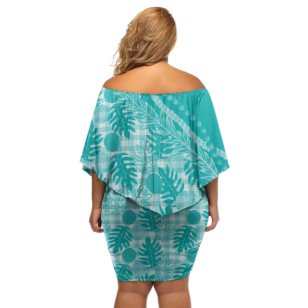 Hawaii Breadfruit Palaka Off Shoulder Short Dress Polu Opal Maile Lei - Polynesian Pride