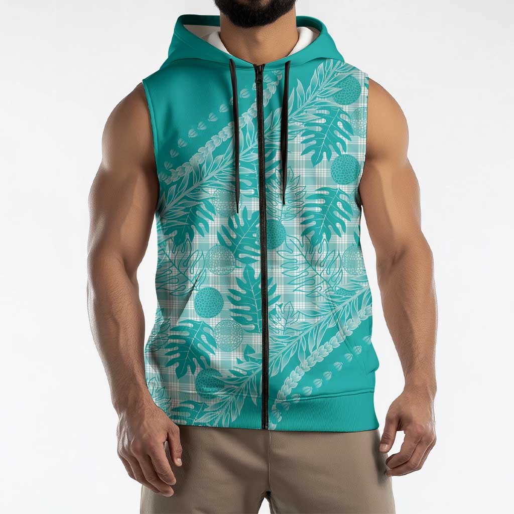 Hawaii Breadfruit Palaka Sleeveless Zip Hoodie Polu Opal Maile Lei - Polynesian Pride