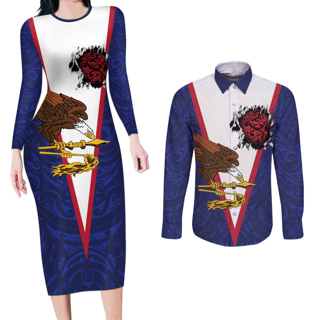 American Samoa Heart Tribal Personalized Couples Matching Long Sleeve Bodycon Dress and Long Sleeve Button Shirt Polynesian Patterns