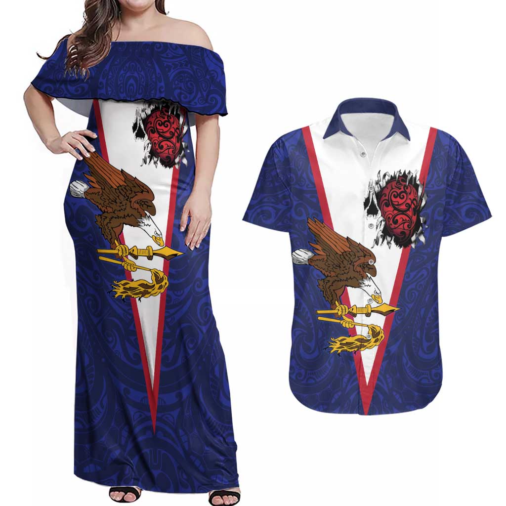 American Samoa Heart Tribal Personalized Couples Matching Off Shoulder Maxi Dress and Hawaiian Shirt Polynesian Patterns