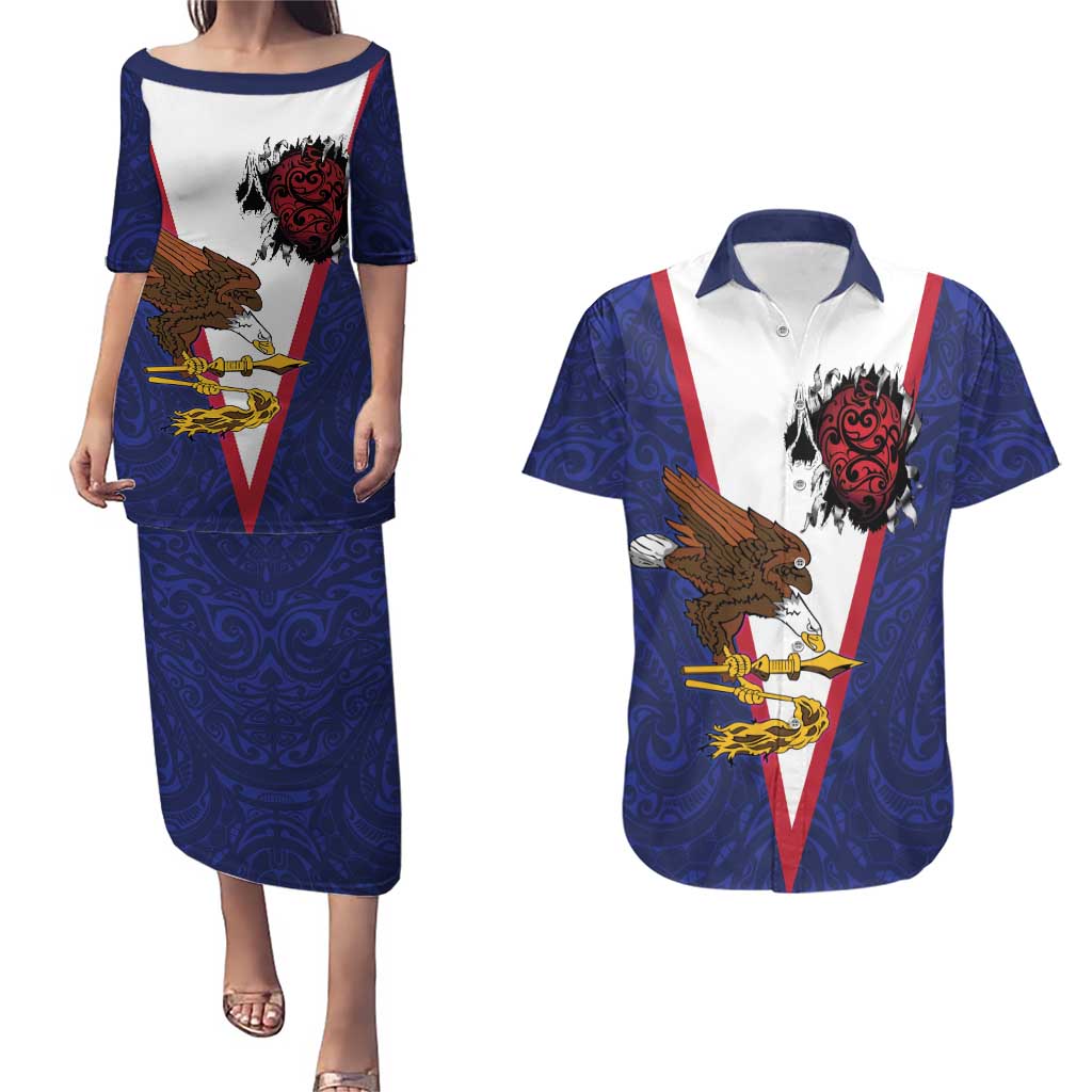 American Samoa Heart Tribal Personalized Couples Matching Puletasi and Hawaiian Shirt Polynesian Patterns