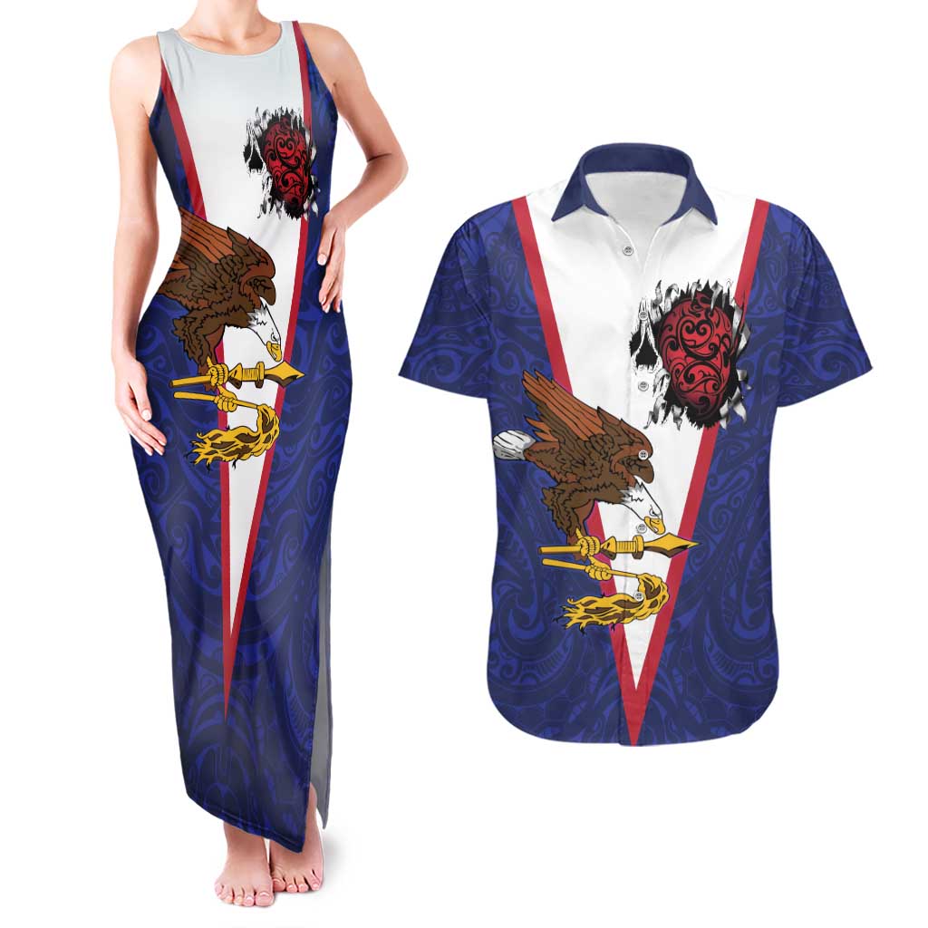 American Samoa Heart Tribal Personalized Couples Matching Tank Maxi Dress and Hawaiian Shirt Polynesian Patterns