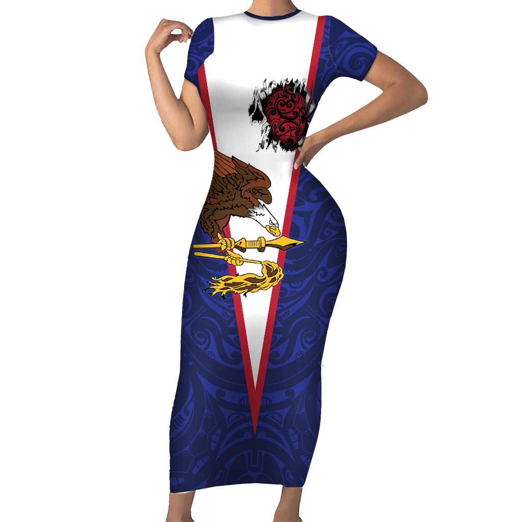 American Samoa Heart Tribal Personalized Family Matching Short Sleeve Bodycon Dress and Hawaiian Shirt Polynesian Patterns LT9 Mom's Dress Blue - Polynesian Pride