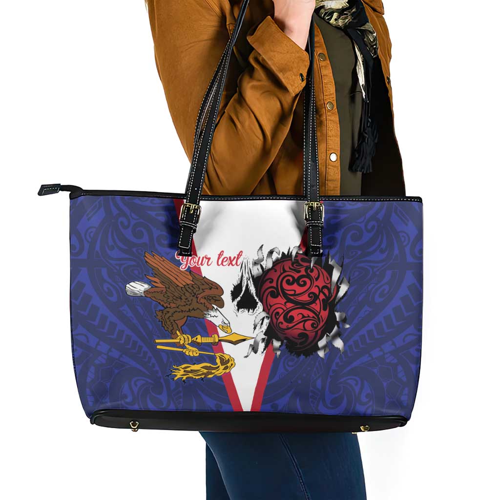 American Samoa Heart Tribal Personalized Leather Tote Bag Polynesian Patterns