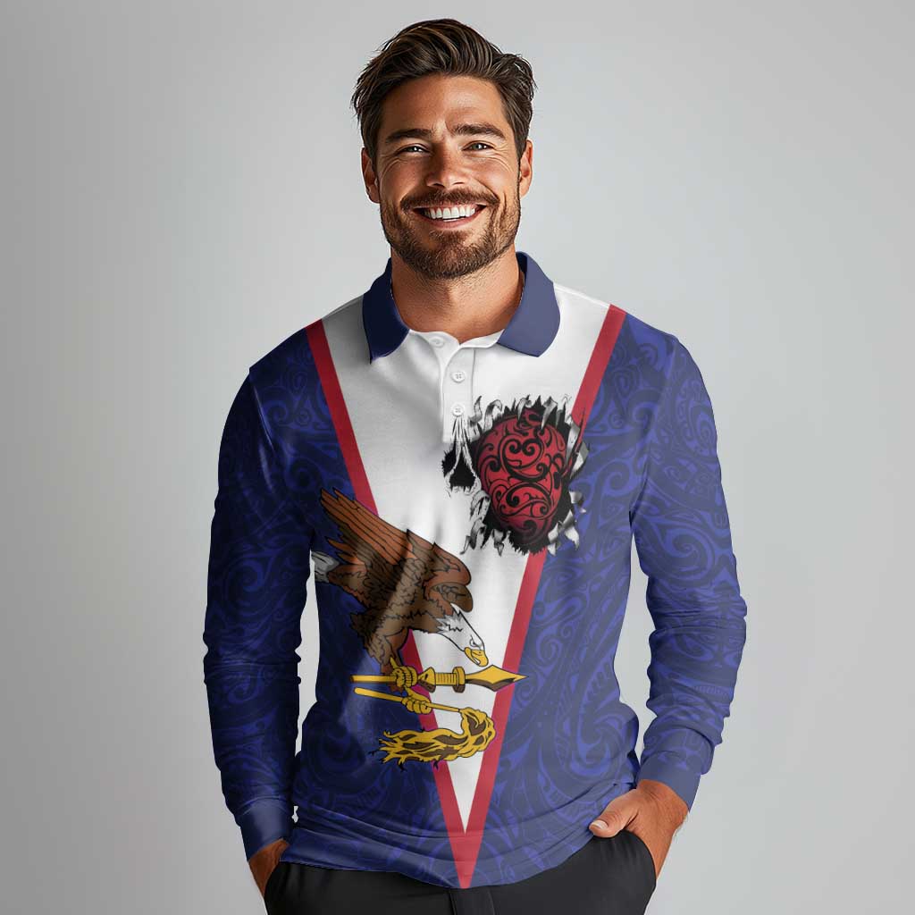 American Samoa Heart Tribal Personalized Long Sleeve Polo Shirt Polynesian Patterns LT9 - Polynesian Pride