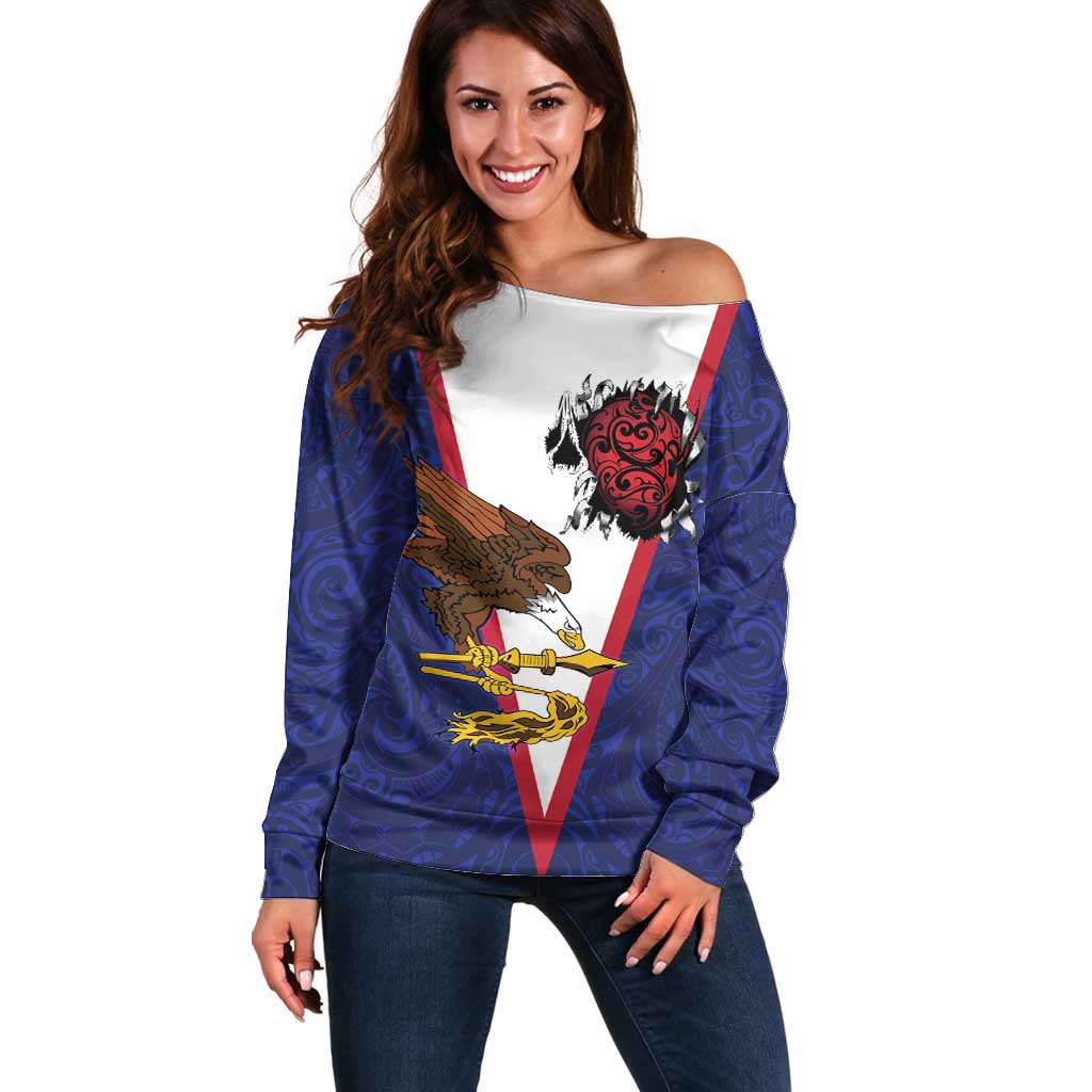 American Samoa Heart Tribal Personalized Off Shoulder Sweater Polynesian Patterns LT9 Women Blue - Polynesian Pride