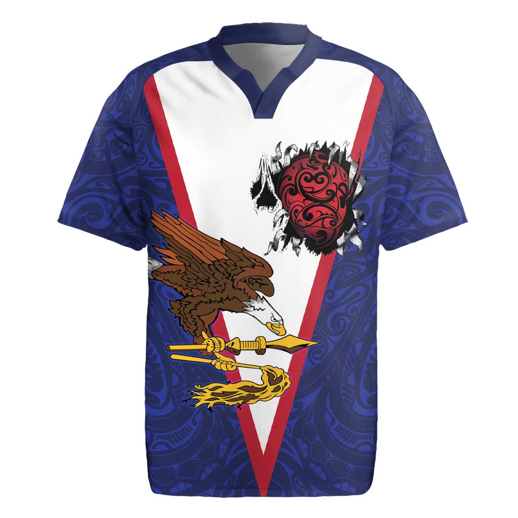 American Samoa Heart Tribal Personalized Rugby Jersey Polynesian Patterns LT9 Blue - Polynesian Pride