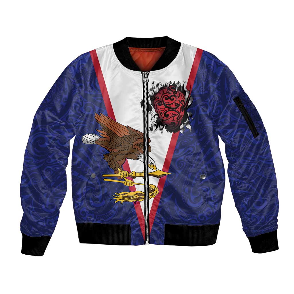 American Samoa Heart Tribal Personalized Sleeve Zip Bomber Jacket Polynesian Patterns LT9 Unisex Blue - Polynesian Pride
