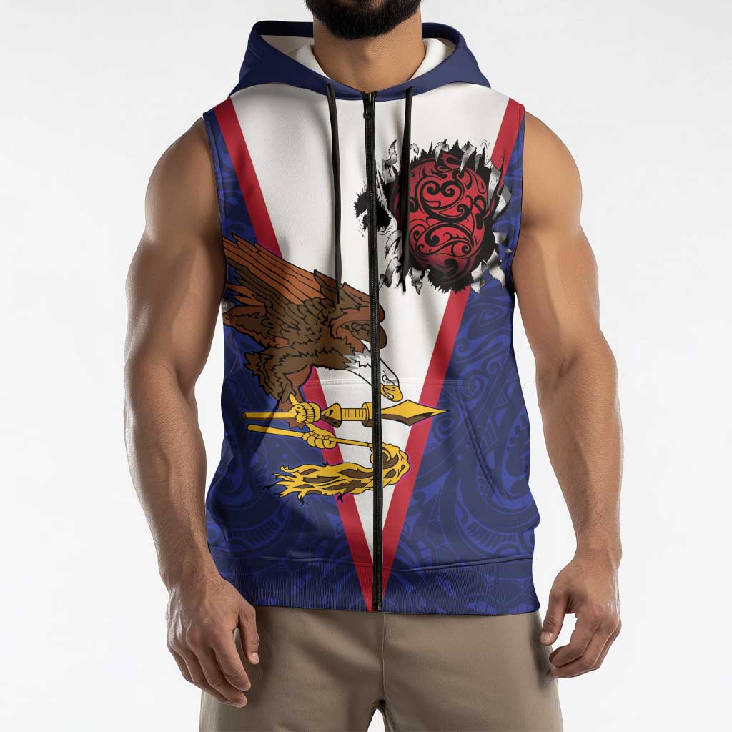 American Samoa Heart Tribal Personalized Sleeveless Zip Hoodie Polynesian Patterns LT9 - Polynesian Pride