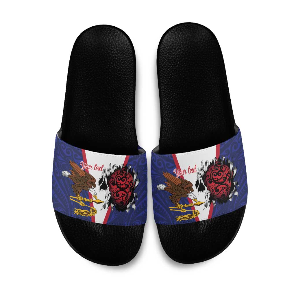 American Samoa Heart Tribal Personalized Slide Sandals Polynesian Patterns LT9 Blue - Polynesian Pride