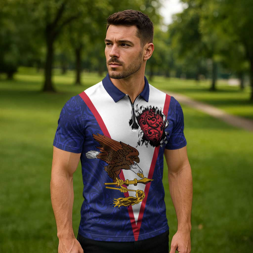 American Samoa Heart Tribal Personalized Zipper Polo Shirt Polynesian Patterns
