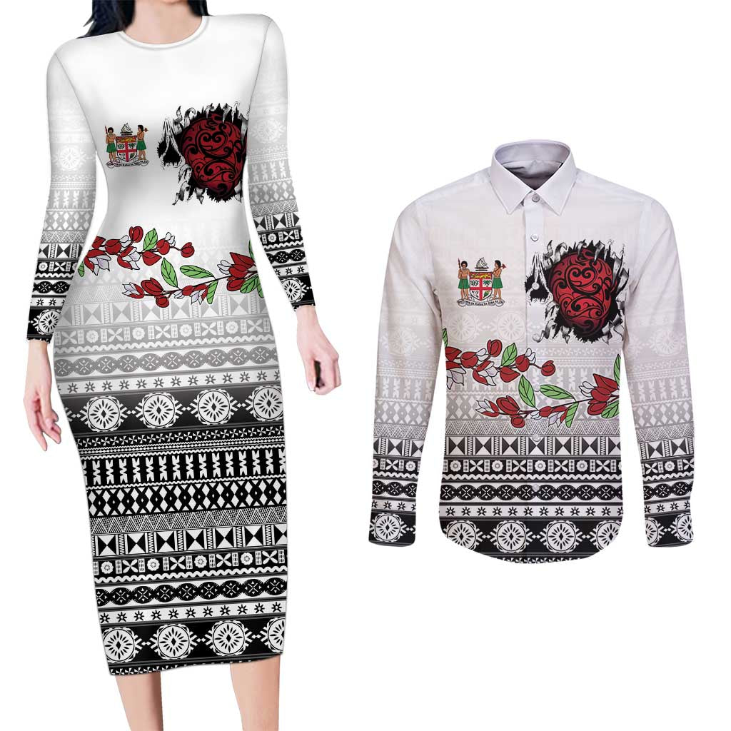 Fiji Heart Tribal Personalised Couples Matching Long Sleeve Bodycon Dress and Long Sleeve Button Shirt Polynesian Patterns LT9 White - Polynesian Pride