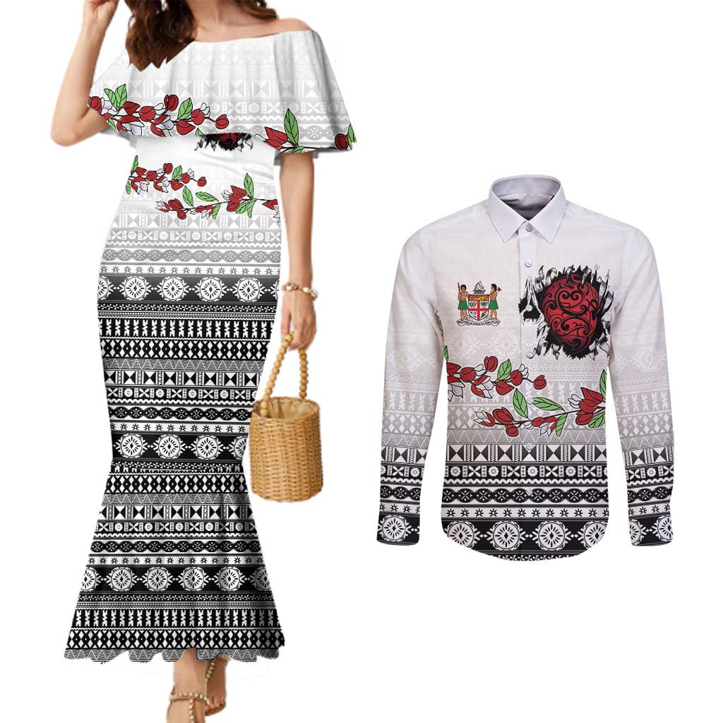 Fiji Heart Tribal Personalised Couples Matching Mermaid Dress and Long Sleeve Button Shirt Polynesian Patterns LT9 White - Polynesian Pride