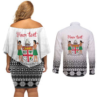 Fiji Heart Tribal Personalised Couples Matching Off Shoulder Short Dress and Long Sleeve Button Shirt Polynesian Patterns