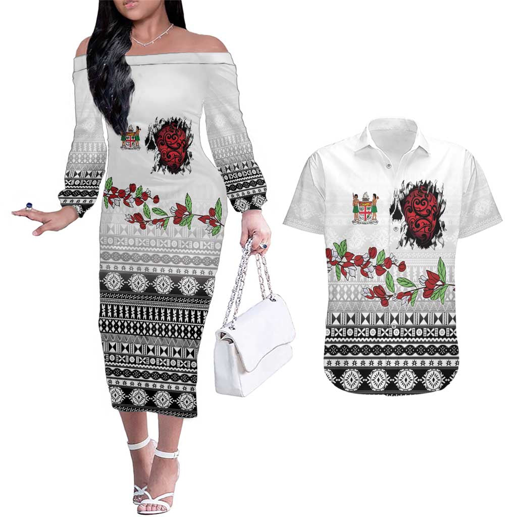 Fiji Heart Tribal Personalised Couples Matching Off The Shoulder Long Sleeve Dress and Hawaiian Shirt Polynesian Patterns LT9 White - Polynesian Pride