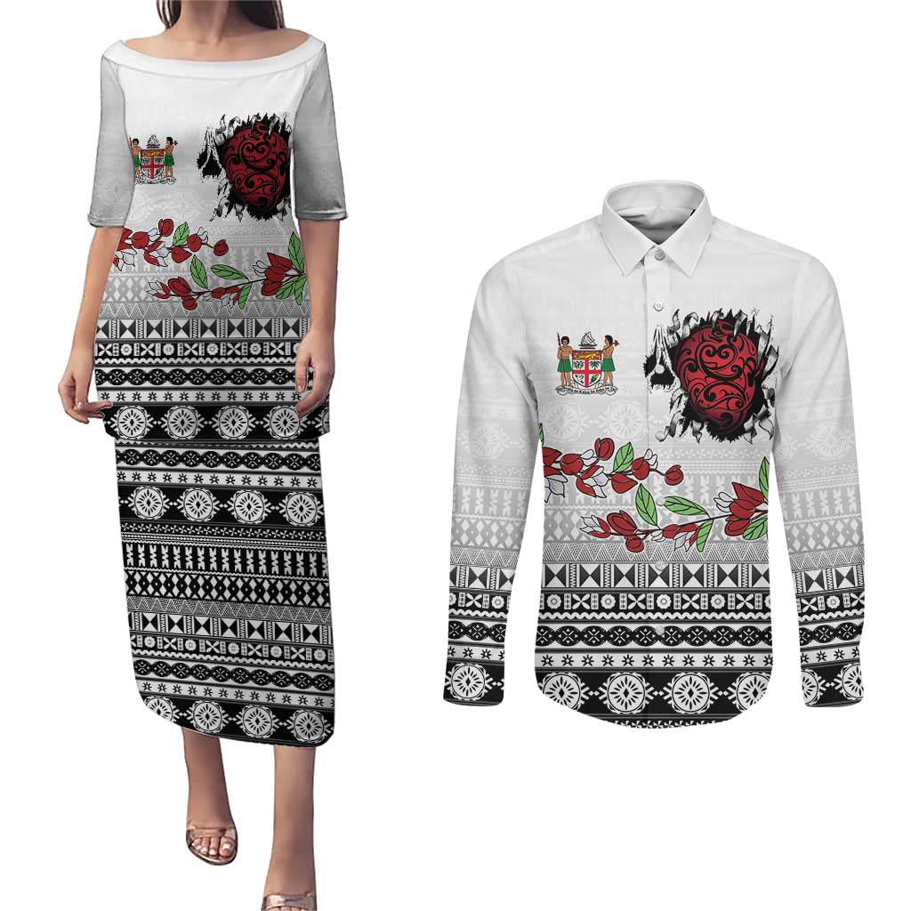 Fiji Heart Tribal Personalised Couples Matching Puletasi and Long Sleeve Button Shirt Polynesian Patterns LT9 White - Polynesian Pride